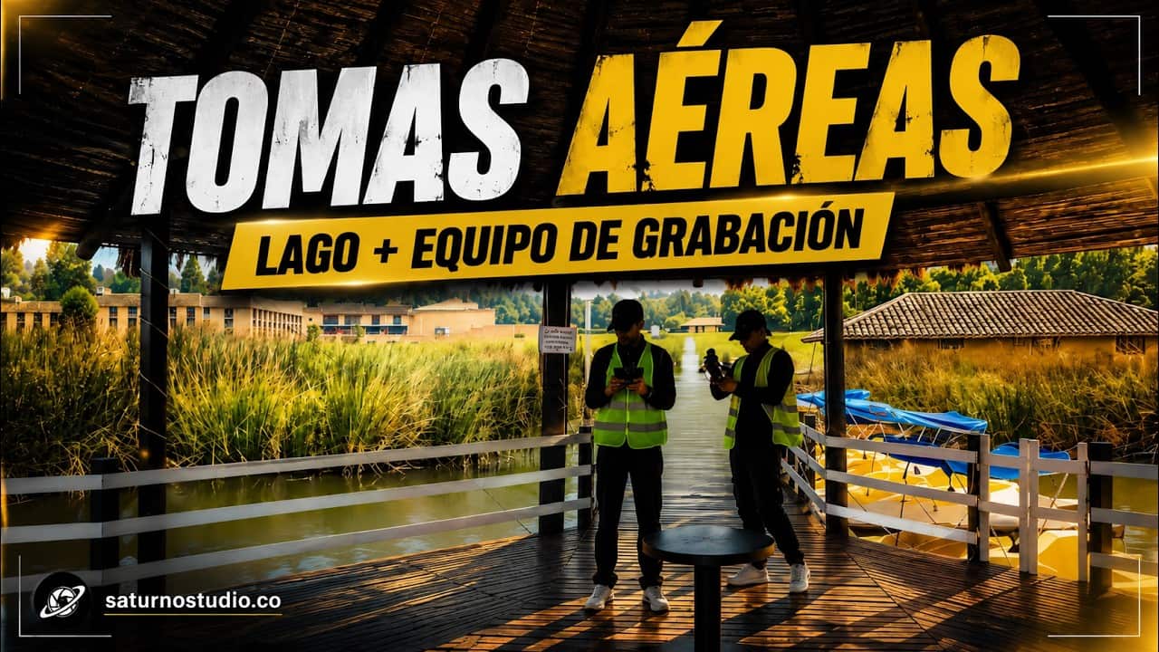 Video de tomas aéreas en un puerto de un lago con equipo de grabación